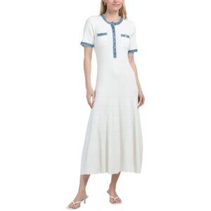 ELIE TAHARI Short Sleeve Split Neck Half Button Fit And Flare Midi Dress